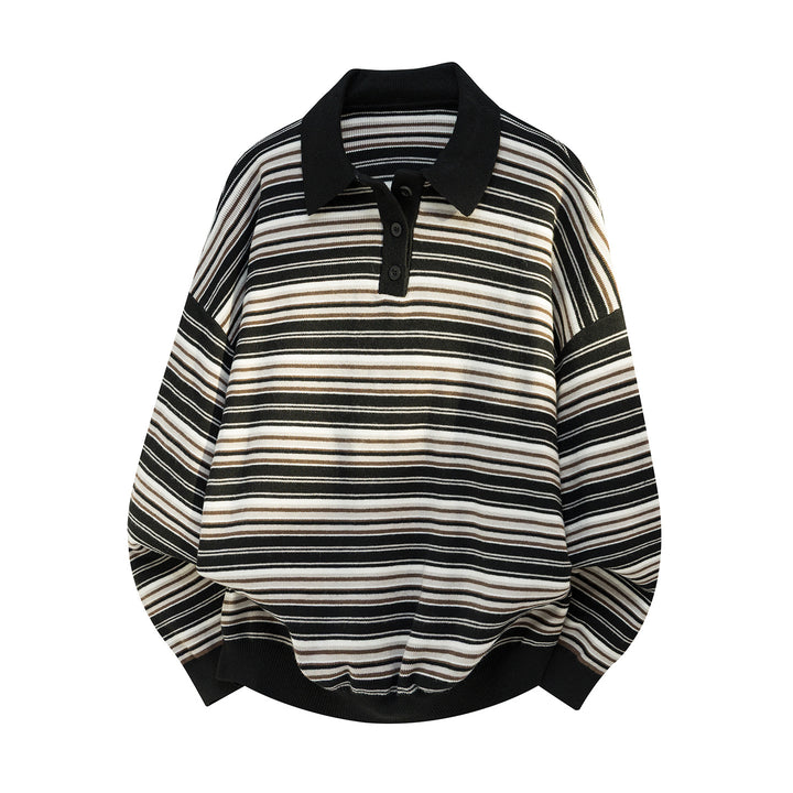 Unisex Oversize Polo Sweater with fine striped pattern and half button placket Mune Fashion