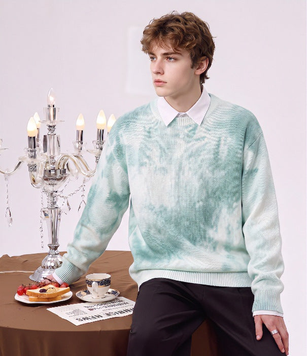Men's Oversized Knit Sweater with Tie-Dye Look, Round Neck and Ribbed Cuffs Mune Fashion