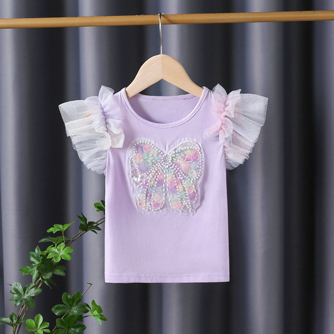 Girl's T-shirt with sparkling butterfly design and ruffle details Mune Fashion