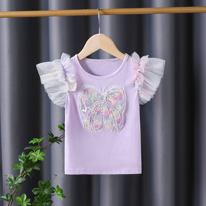 Girl's T-shirt with sparkling butterfly design and ruffle details Mune Fashion