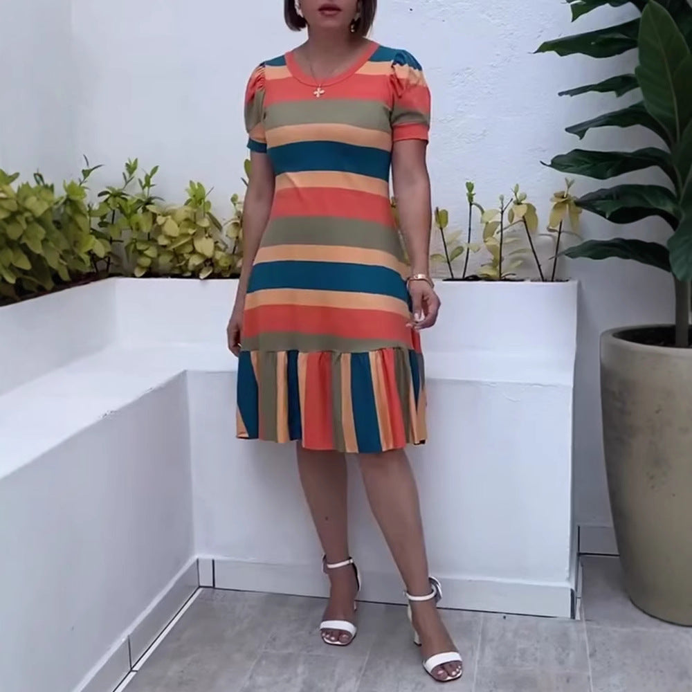Women's striped jersey dress A-line cut with short puff sleeves and ruffle hem Mune Fashion