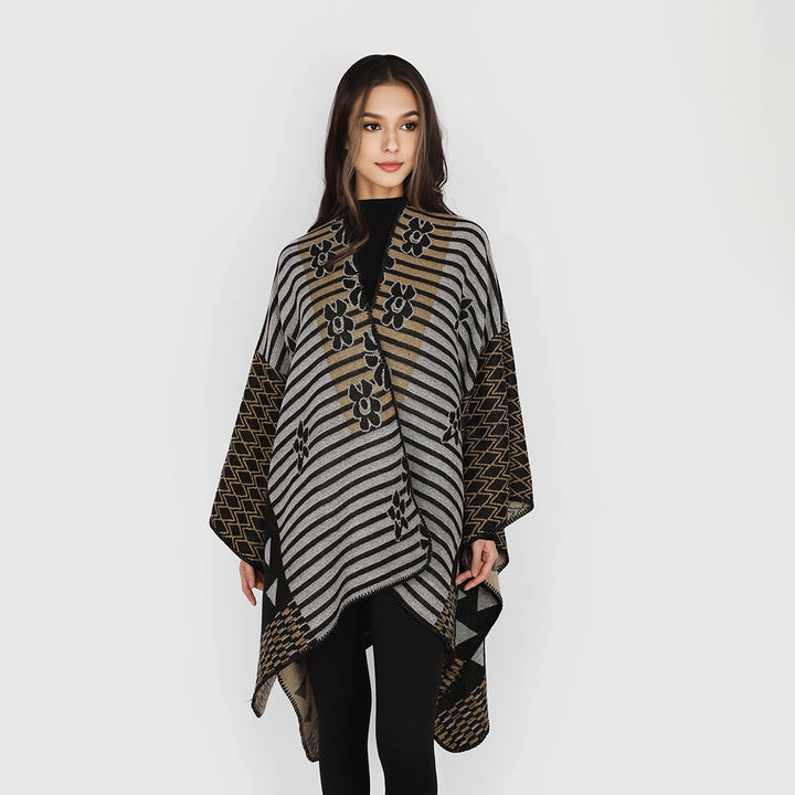 Women's Oversize Jacquard Ruana in Ethno Patchwork Design Mune Fashion