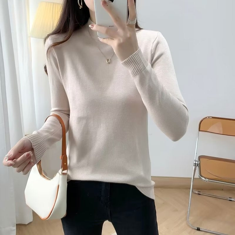 Ladies Fine Long Sleeve Fine Knit Sweater with Narrow Stand-Up Collar and Ribbed Cuffs Mune Fashion