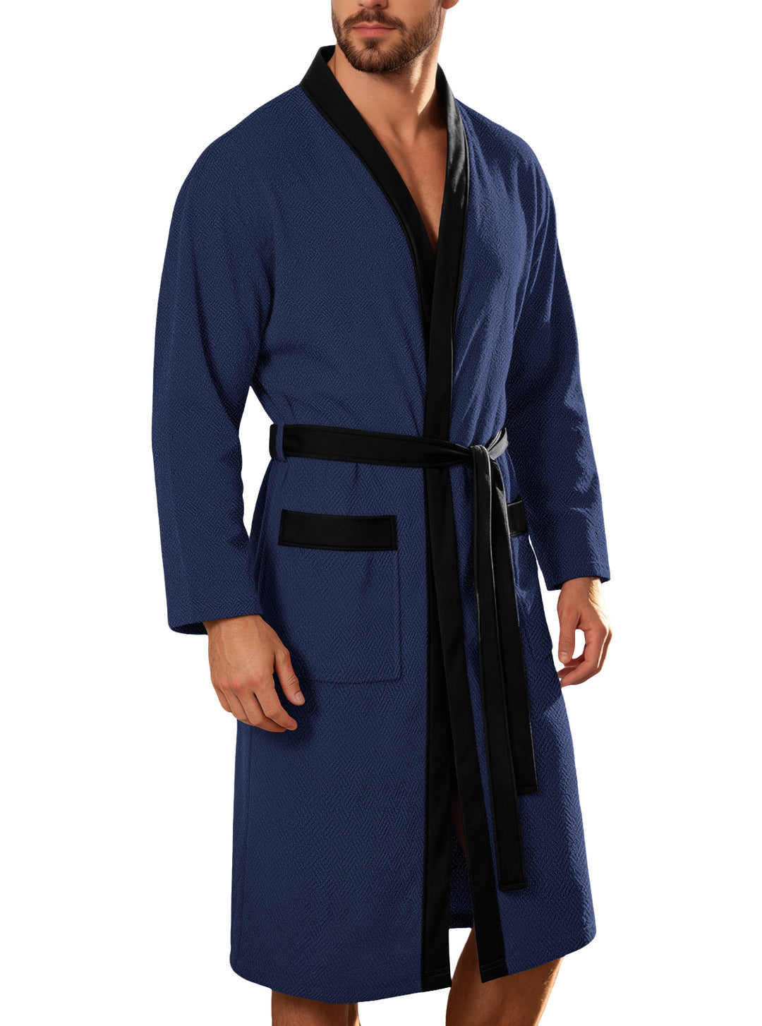 Men's lightweight cotton kimono bathrobe with waffle texture and patch pockets Mune Fashion
