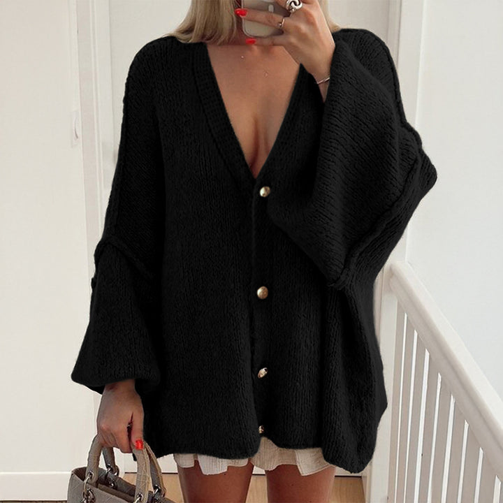 Women's Boucle Oversize Cardigan with Deep V-Neck, Kimono Sleeves and Gold Decorative Buttons Mune Fashion