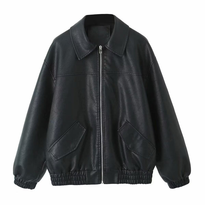 Women's oversized faux leather bomber jacket with shirt collar, elastic hem, and patch pockets Mune Fashion