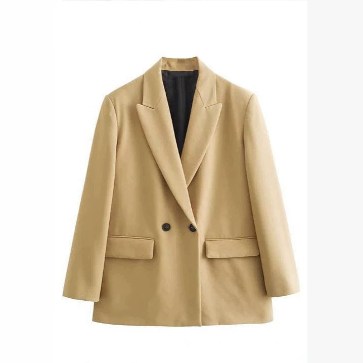 Women's Double-Breasted Boxy Blazer with Boxy Silhouette and Lapel Collar Mune Fashion