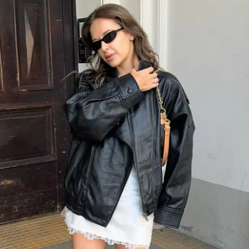 Unisex nan wide Biker style faux leather jacket with stand-up collar and elastic hem Mune Fashion