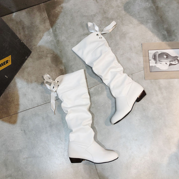 Women's knee-high shaft boots with gathered shaft, lace cord, and low block heel Mune Fashion