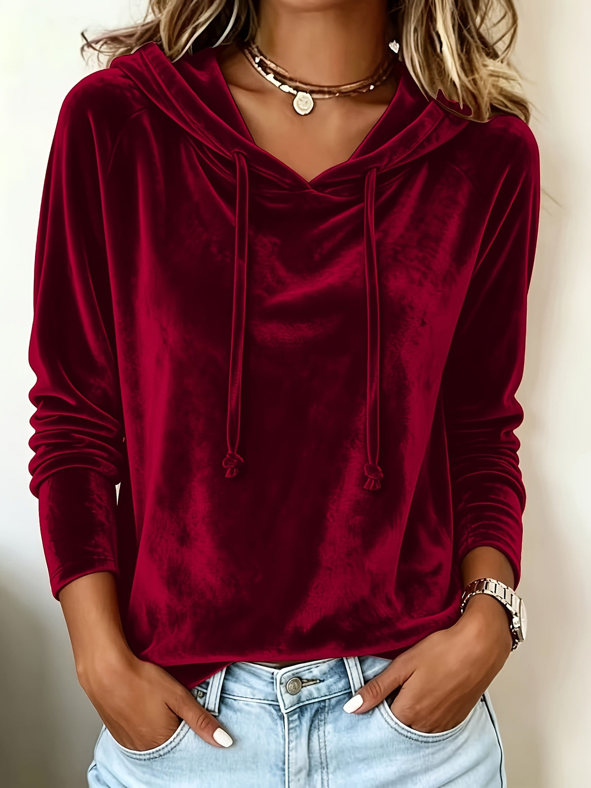 Women Velvet Hoodie with Hood Drawstring and Casual Cut Mune Fashion