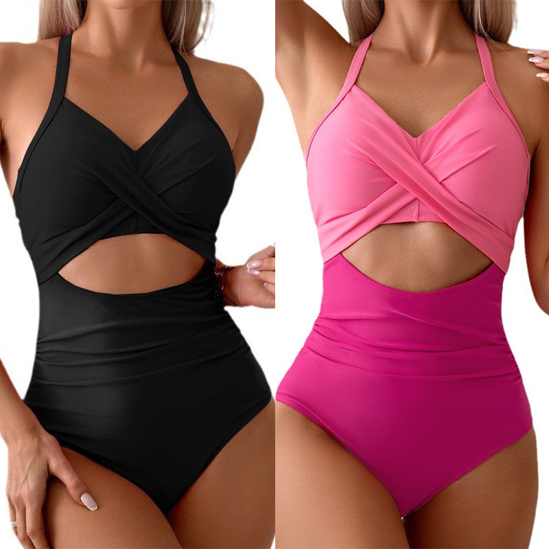 Women's One-Piece Swimsuit with Fashionable Wrap Design and Deep V-Neck Mune Fashion