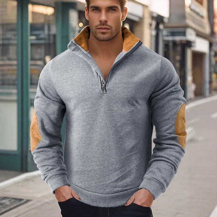 Men's short zip stand collar sweater with contrast collar and suede elbow patches Mune Fashion