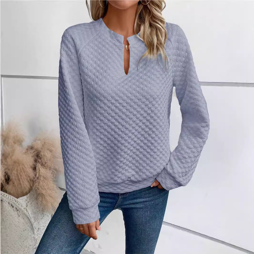 Women Quilted Cozy Sweater with Slit Collar Mune Fashion