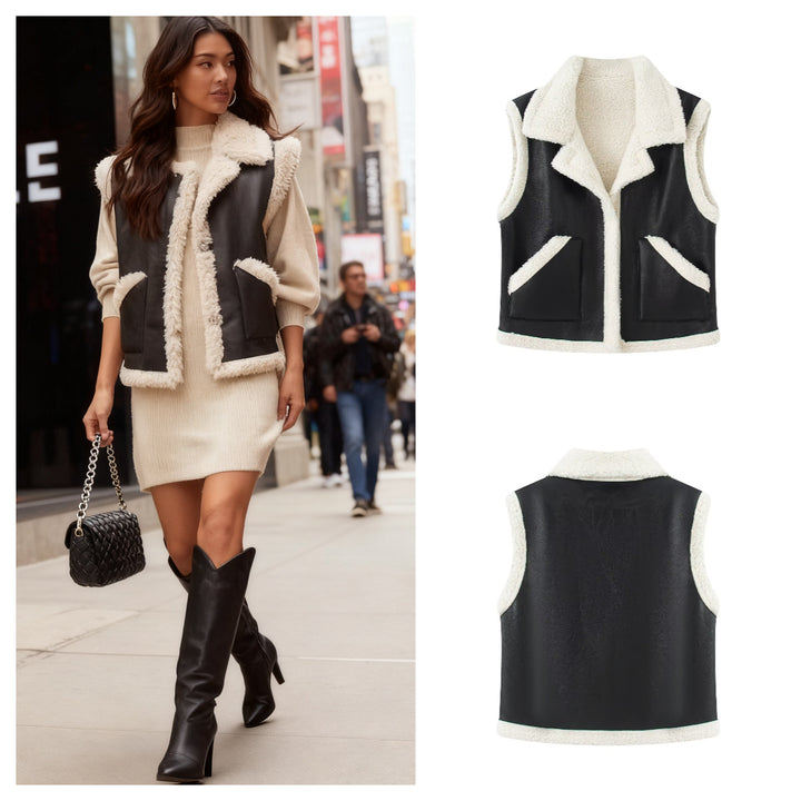 Women's Sleeveless Lambskin Imitation Vest with Lapel Collar and Patch Pockets Mune Fashion