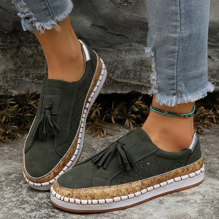 Women's Slip-On Wedge Sneakers with Cork Platform, Tassels and Perforated Upper Mune Fashion