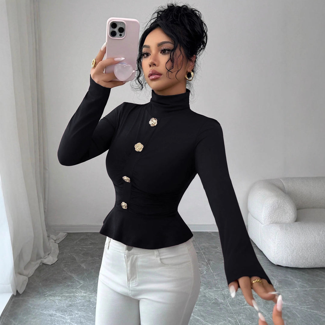 Women turtleneck fitted top with ruffle hem and gold-decorated rose buttons Mune Fashion