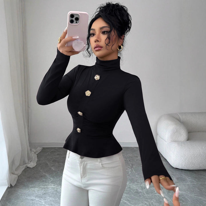 Women turtleneck fitted top with ruffle hem and gold-decorated rose buttons Mune Fashion