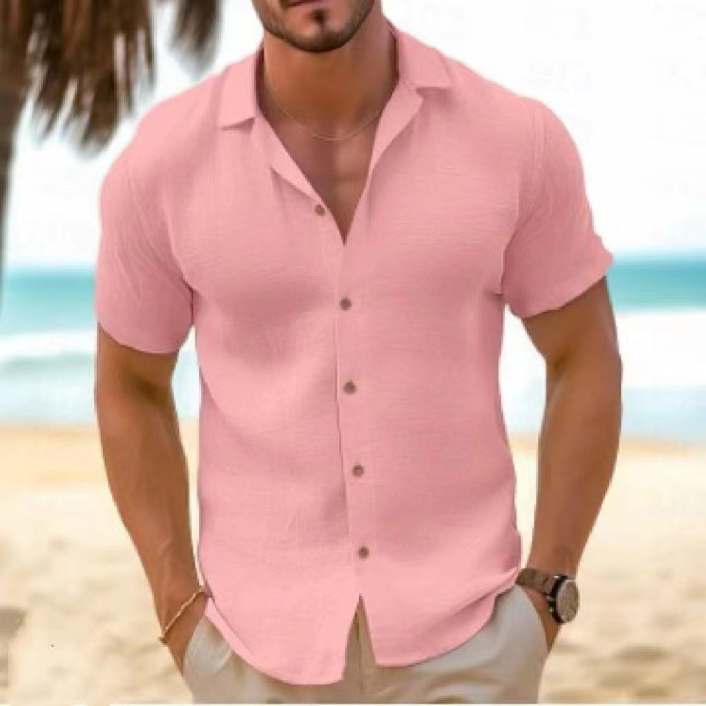 Men's Short-Sleeved Cotton Shirt with Textured Fabric Mune