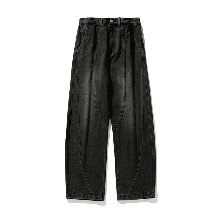 Men's Wide Cut Jeans Pants with High Waist and Curved Decorative Seams Mune Fashion