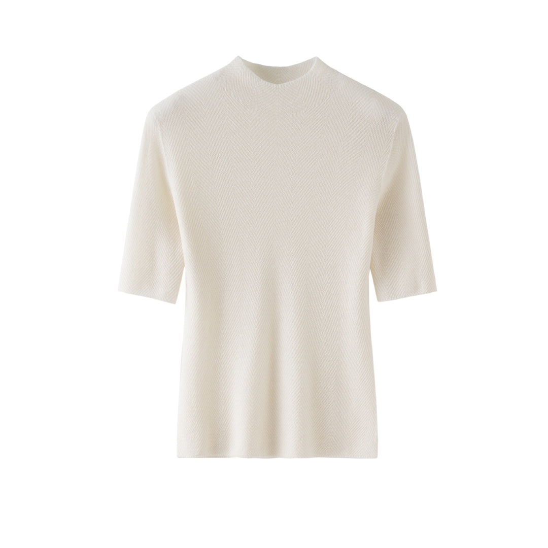 Women's fine-knit top with stand-up collar, elbow-length sleeves, and herringbone structure Mune Fashion