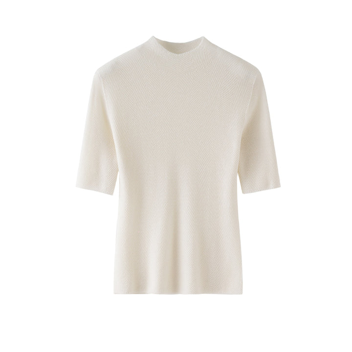 Women's fine-knit top with stand-up collar, elbow-length sleeves, and herringbone structure Mune Fashion