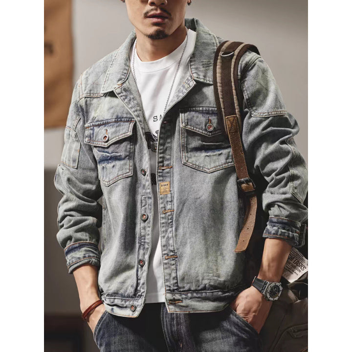 Men's denim jacket in a used look with shirt collar, flap chest pockets, and relaxed fit Mune Fashion