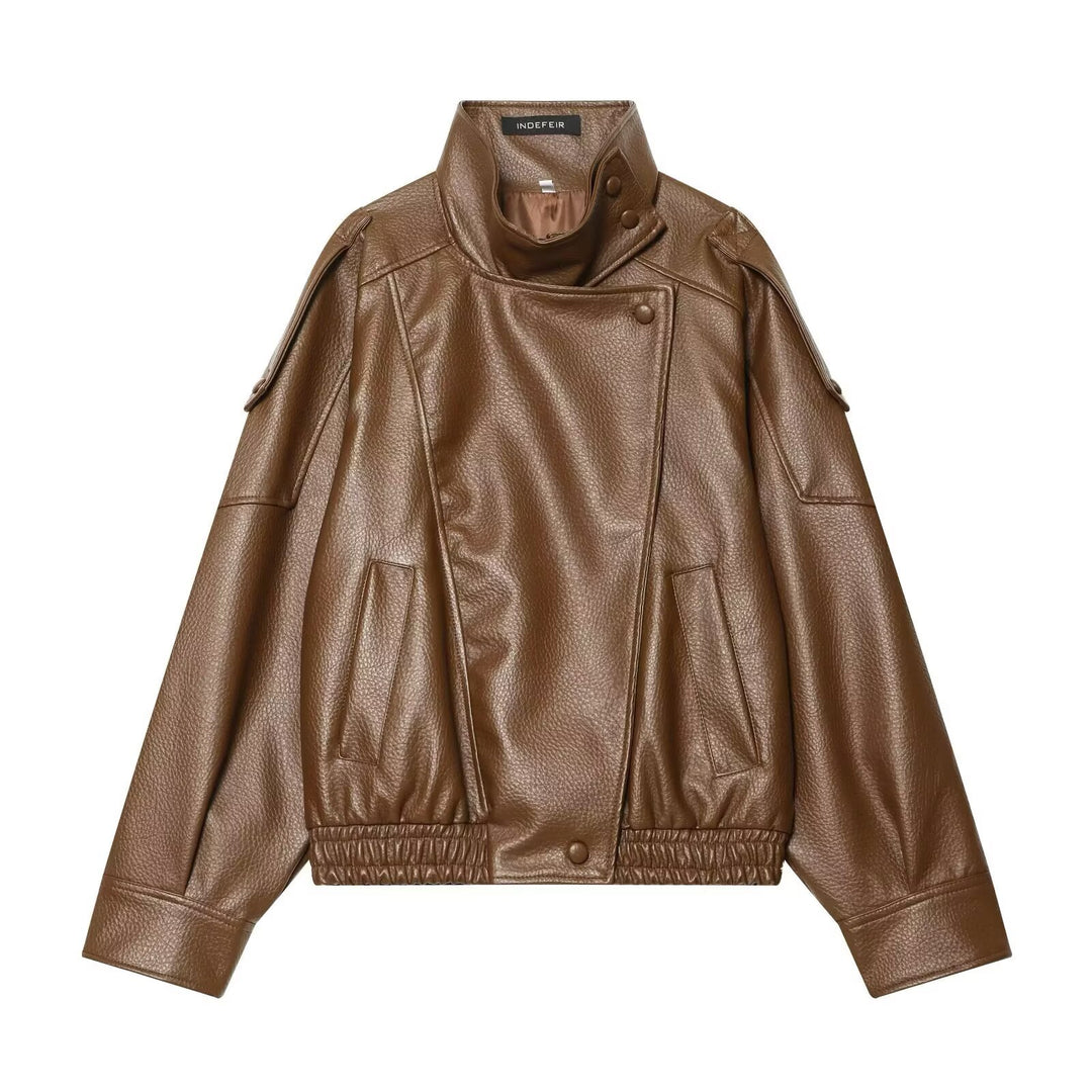 Ladies short-cut faux leather pilot jacket with high stand-up collar and shoulder straps Mune Fashion