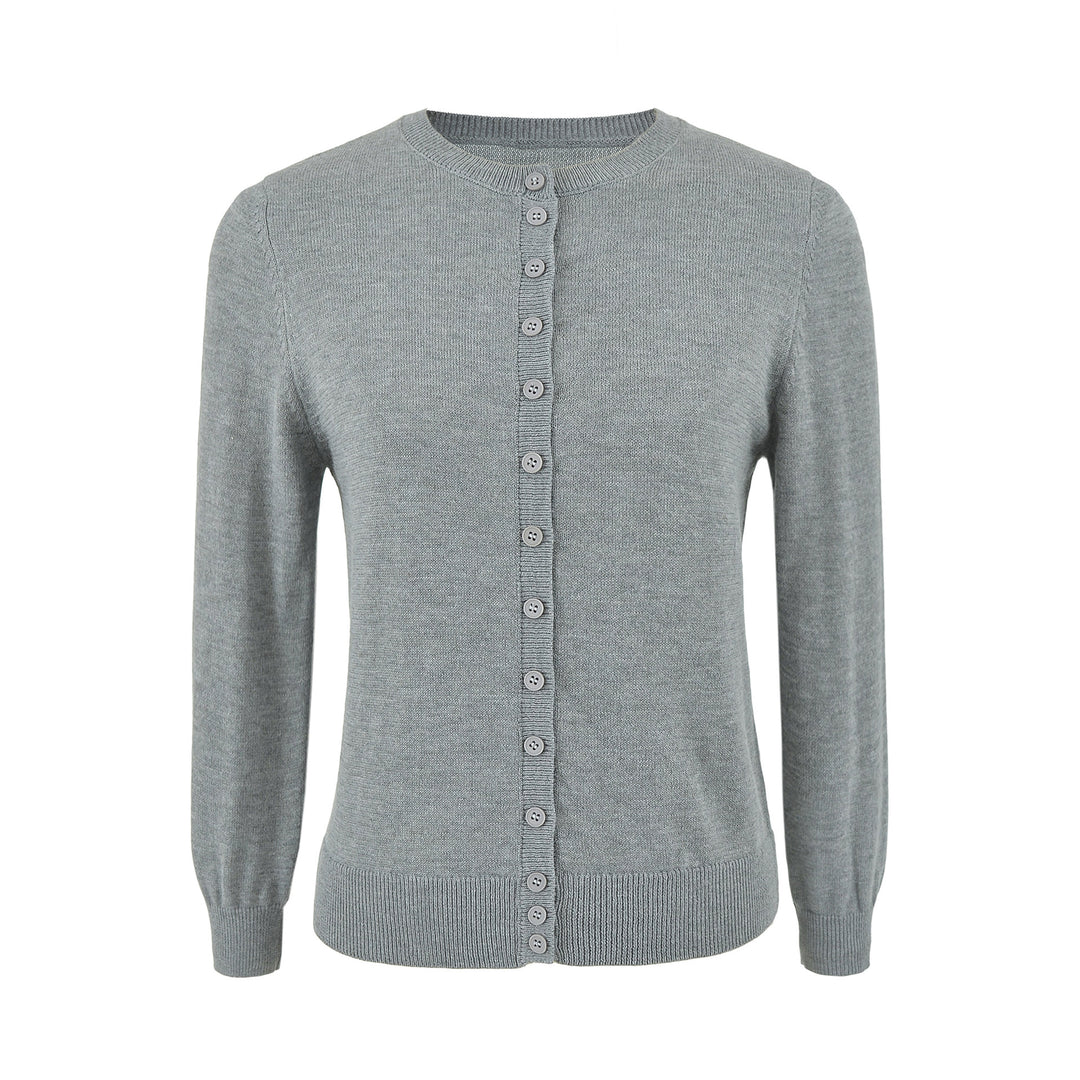 Ladies finely knitted round neck cardigan with button placket and ribbed cuffs Mune Fashion