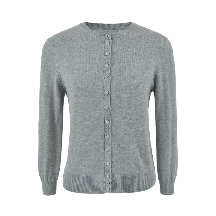 Ladies finely knitted round neck cardigan with button placket and ribbed cuffs Mune Fashion
