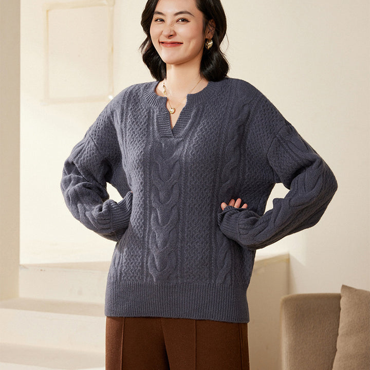 Women's Oversize Cable Knit Sweater with V-Inset and Cashmere-like Softness Mune Fashion