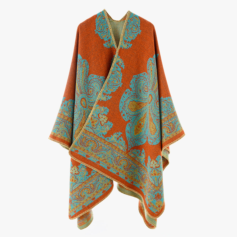 Women Oversize-Oriental Jacquard Cover-Up with Paisley Medallion and Decorative Stitch Mune Fashion