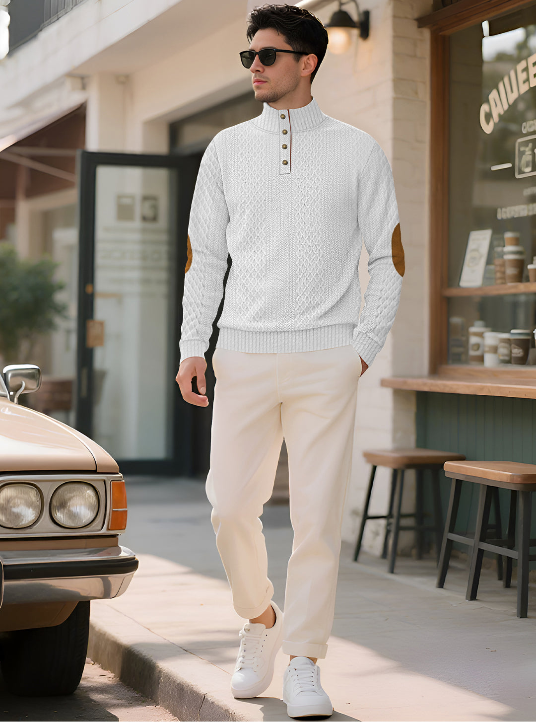 Men's noble button sweater in cable pattern with high stand-up collar and suede elbow patches Mune Fashion