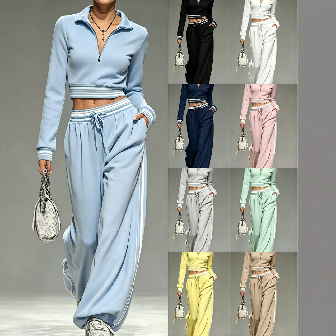 Women Cropped Training Set with Half Zipper Collar and Wide Pleated Jogger Mune Fashion
