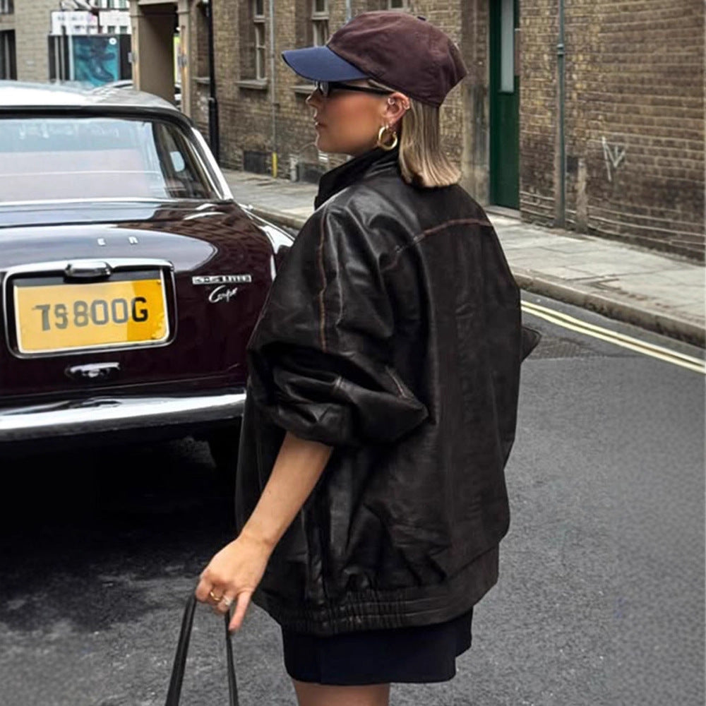 Women Oversize Faux Leather Coat with Distinct Decorative Seams and Stand-Up Collar Mune Fashion