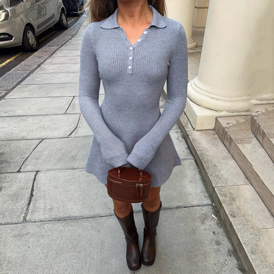 Ladies knitted polo dress with tailored bodice and flared ruffled skirt Mune Fashion