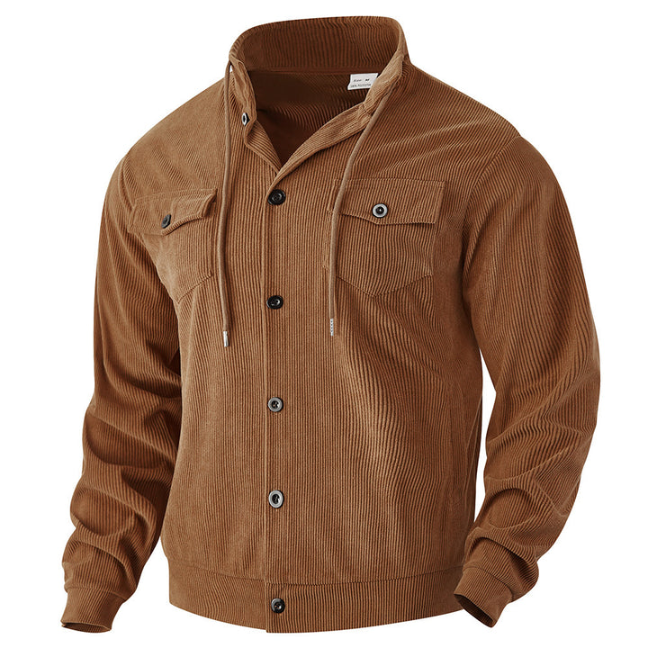 Men's structured cord worker jacket with hidden hood, snap button closure and patch breast pockets Mune Fashion