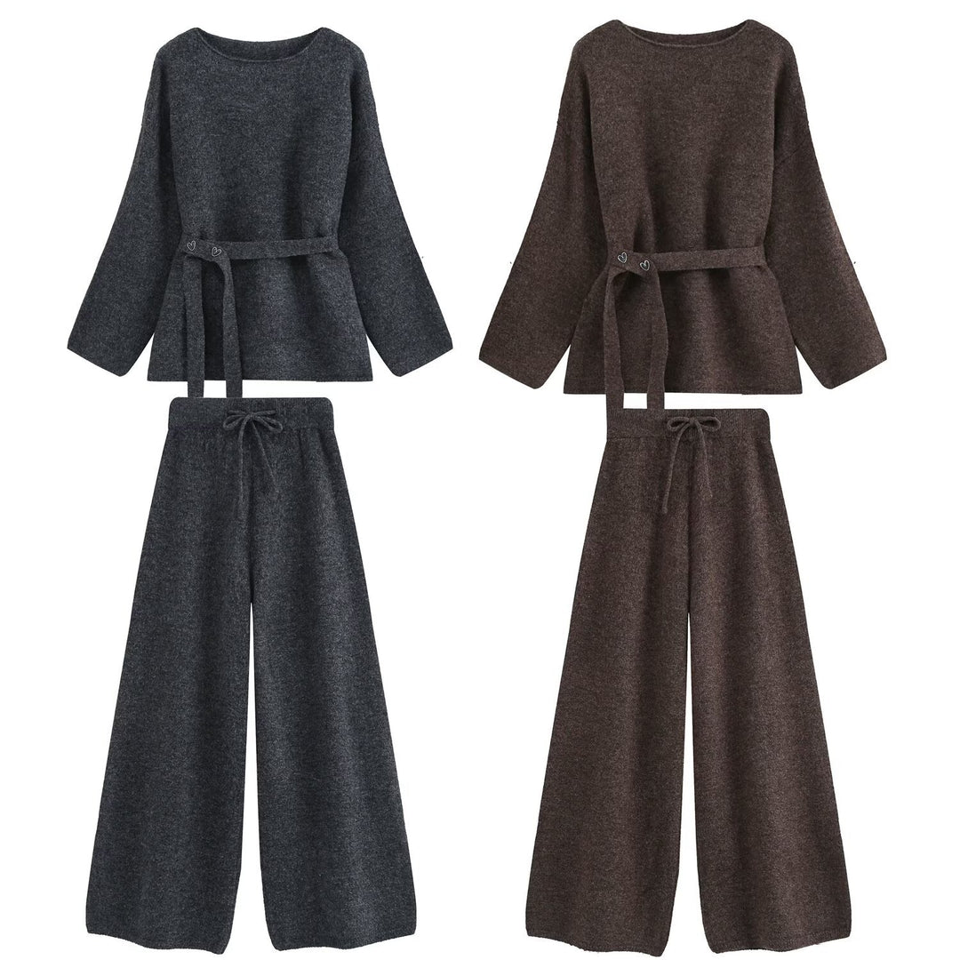 Women's Two-Piece Knit Lounge Set with Waist Belt and Wide Palazzo Pants Mune Fashion