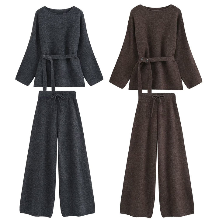 Women's Two-Piece Knit Lounge Set with Waist Belt and Wide Palazzo Pants Mune Fashion