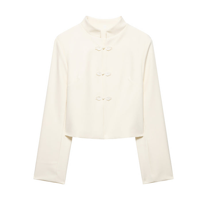 Women Short Blazer Jacket with Standing Collar and Knot Closures Mune Fashion