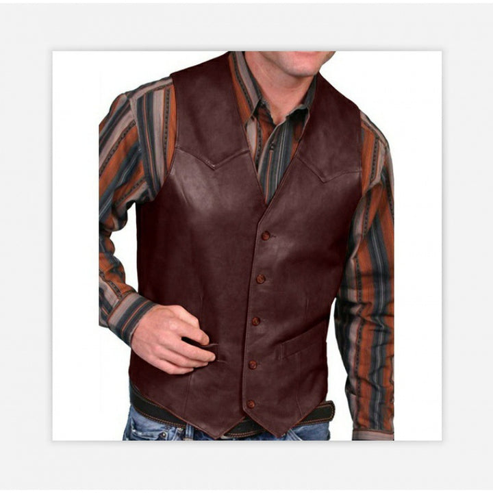 Men's tailored leather vest with western details, V-neck and two side pockets Mune Fashion