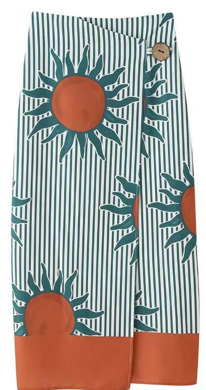 Women's Midi Skirt Wrap Skirt with Sun Print, Vertical Stripes and Button Closure Mune Fashion