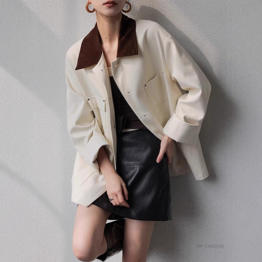 Women's Oversized Cab Jacket made of structured cotton blend with contrasting cord collar and patch pockets