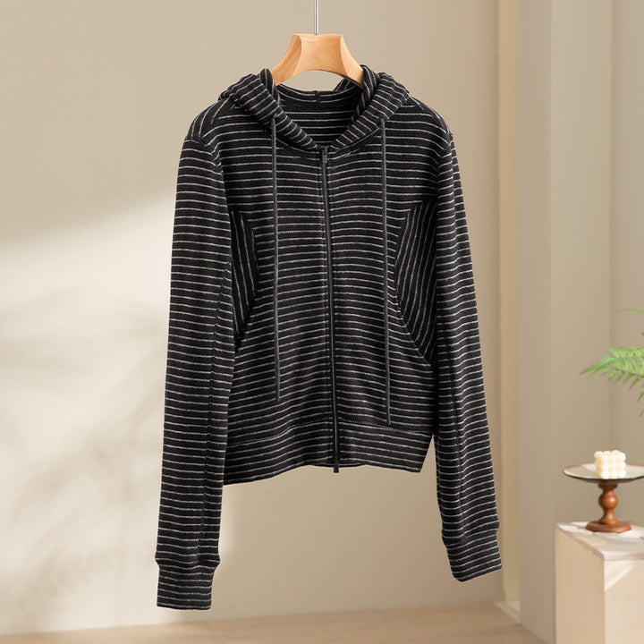 Women's Striped Hoodie Zip Cardigan with Pocket and Narrow Ribbed Cuffs Mune Fashion