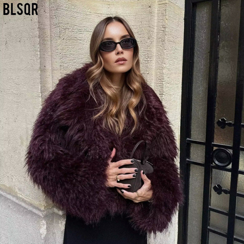 Women Short Cut Teddy Faux Fur Jacket with Wide Lapel Collar and Soft Pile Mune Fashion