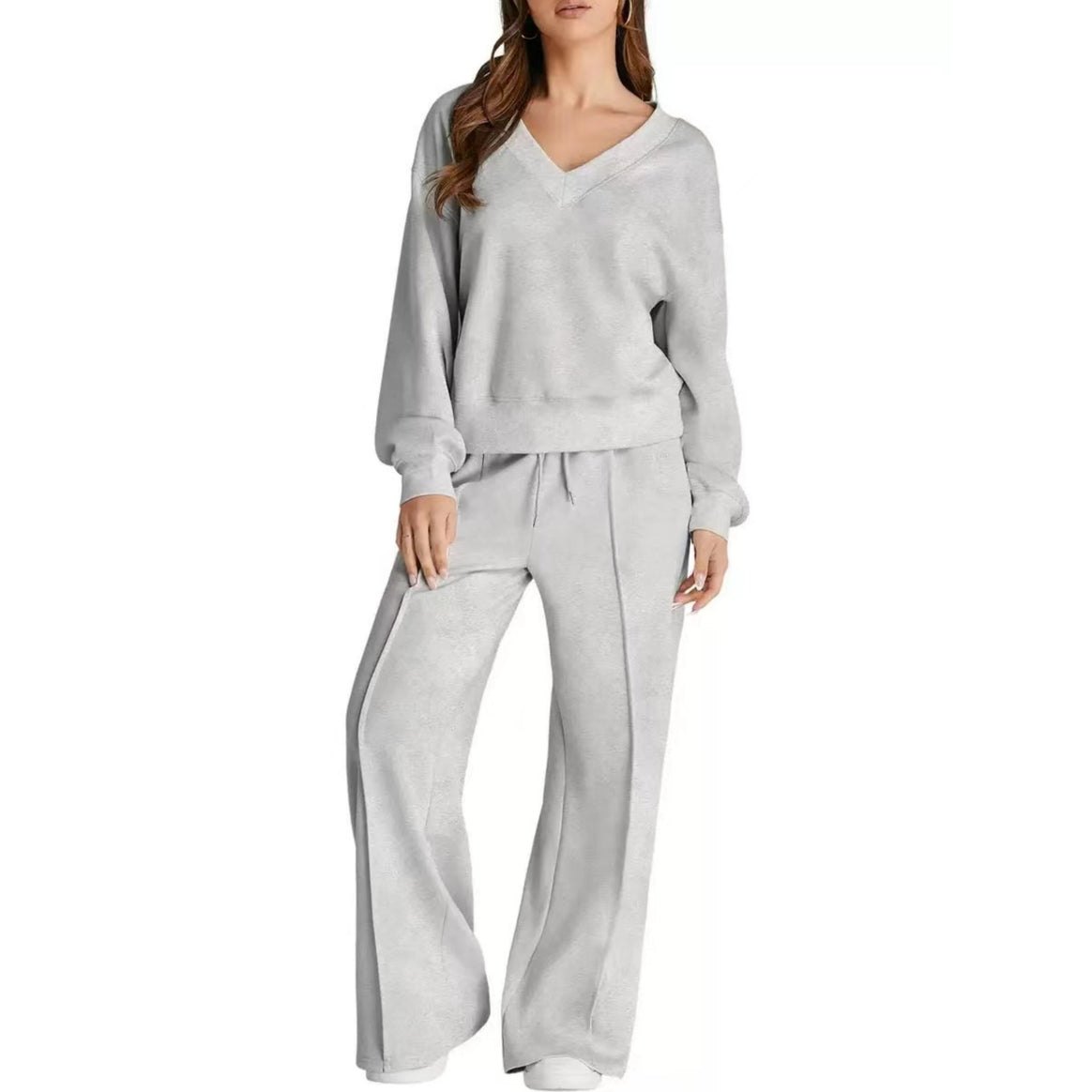 Women's Casual V-Neck Leisure Set with Wide Jogging Pants Mune Fashion