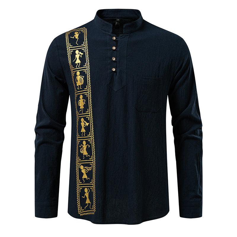 Men's Long Sleeve Cotton Henley Shirt with Stand Collar and Ethnic Vertical Embroidery Mune Fashion