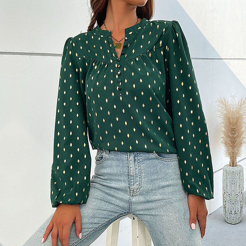 Women's Lightweight Viscose Blouse with Stand Collar, Button Placket, and Fine Drop Print Mune Fashion