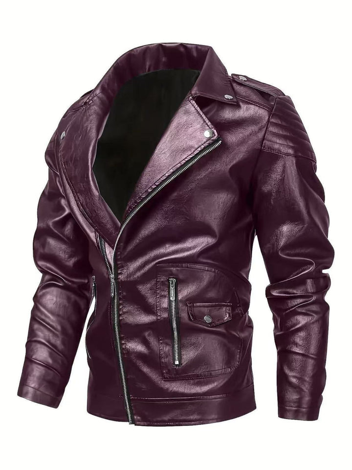 Men's biker jacket made of faux leather with asymmetrical zipper and padded shoulder inserts Mune Fashion