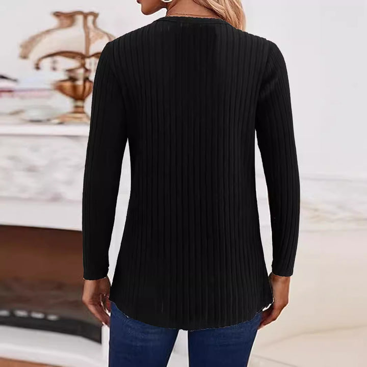 Women's ribbed fine knit sweater with V-notch neckline and decorative side buttons Mune Fashion