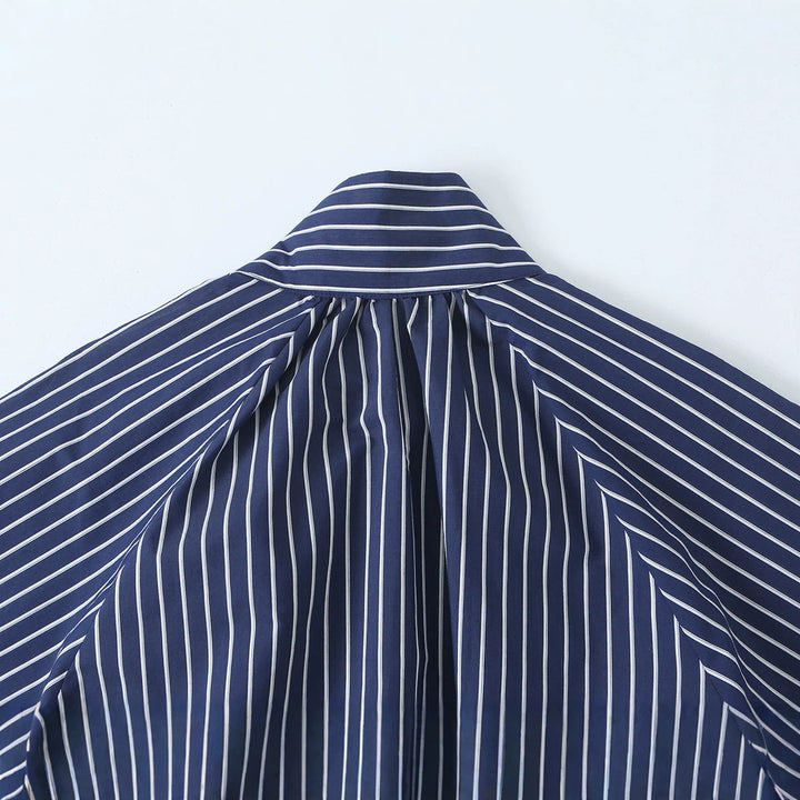 Women Striped Blouse with Stand Collar, Full Button Placket and Drawstring Waistband Mune Fashion